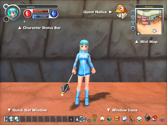 The game interface: status bar, quest notice, mini map and quick slots